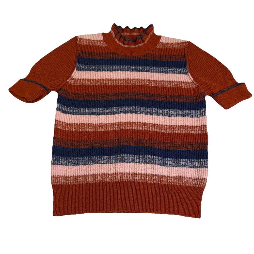 Free People Sweater Womens L Rust Striped Excellent Ruffle Mock Neck Short Slv